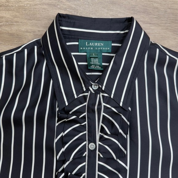 LRL Ralph Lauren Silk Black White Striped‎ Ruffle Front Dark Coquette Goth L - Picture 2 of 15